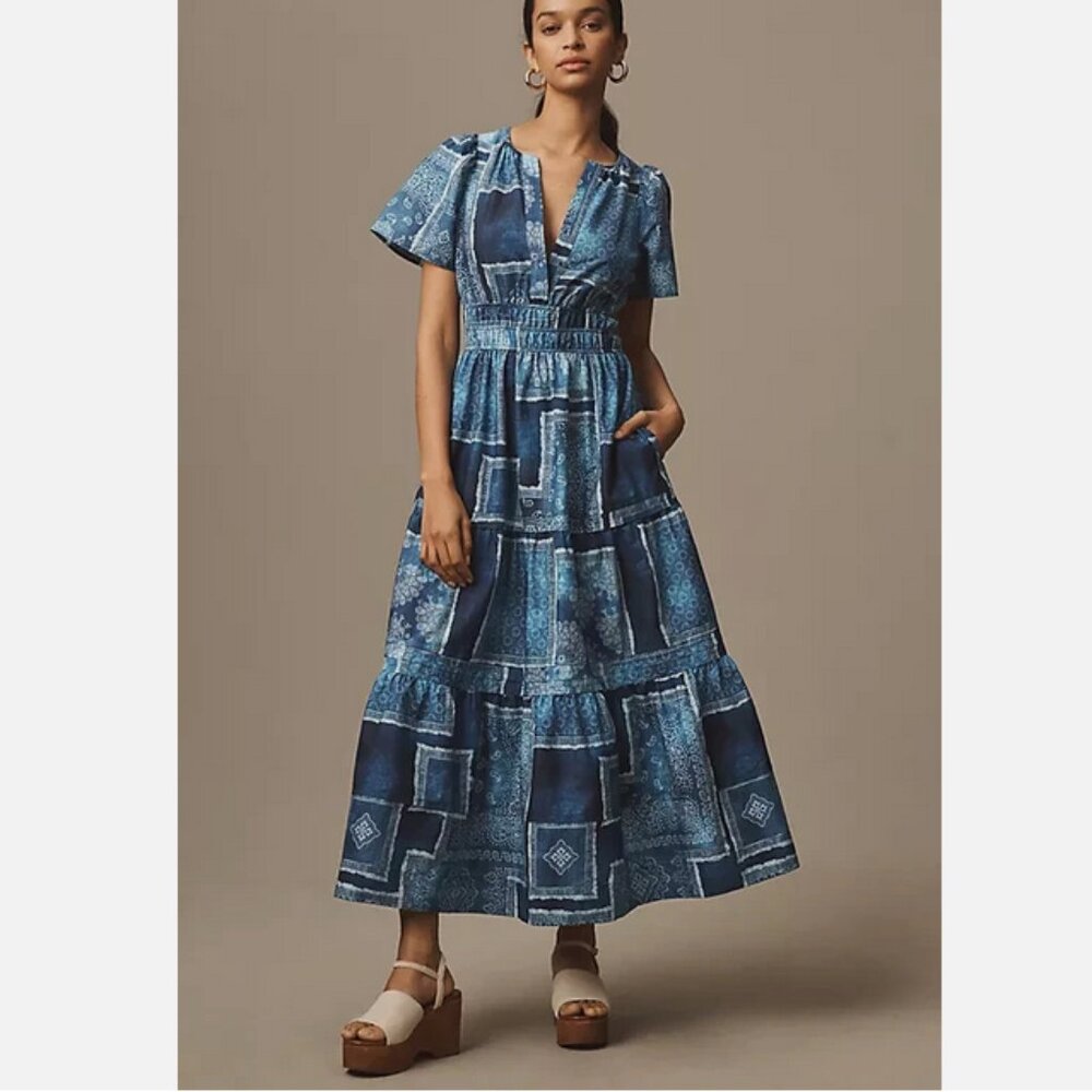 Anthropologie The Somerset Maxi Dress Cotton Bandana Patchwork Print Blue S NWT